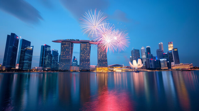 ''fireworks display over Marina Bay Sands, reflecting on the water, bright and spectacular, National Day celebrations'' 