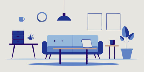 Chic Modern Living Room Design. Table and Sofa Focus Illustration.