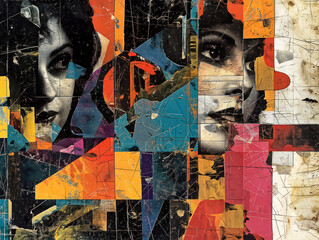 A colorful collage of faces with a woman's face in the center. The faces are cut out of different colored papers and arranged in a way that creates a sense of depth and dimension