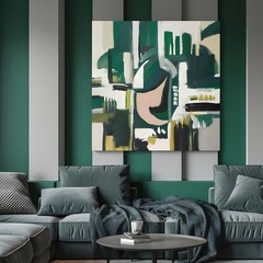 Emerald green and grey living room interior design with abstract painting on the wall