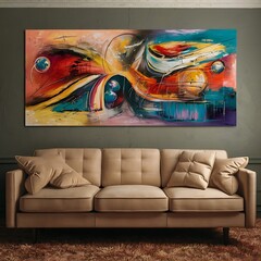 Abstract painting on grey wall of retro living room interior with beige sofa with pillows, vintage dark green armchair and yellow
