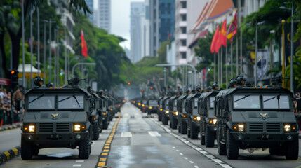 Obraz premium ''military parade during Singapore's National Day, soldiers marching in uniform, tanks and military vehicles, patriotic display'' 