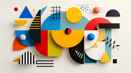 Obraz premium ''modern collage art featuring abstract shapes, vibrant colors, and mixed media elements on a clean white background, geometric and fluid designs'' 