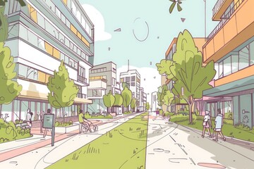 Urban planning sketch highlighting sustainable elements like green spaces, public transportation, and pedestrian zones