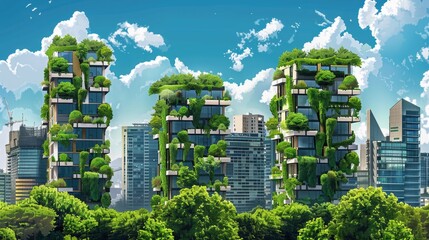 Obraz premium Urban landscape with modern buildings with vertical gardens. Environmental awareness and protection concept.