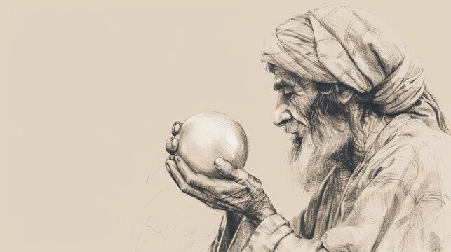 Illustration of Pearl of Great Price Parable: Merchant Holding Precious Pearl, Beige Background, Biblical Depiction