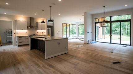 ''open concept living area under renovation, new flooring and lighting being installed, tools and materials around, spacious and modern'' 