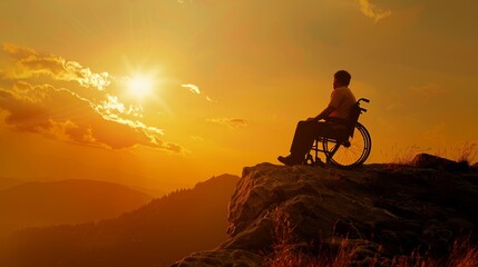 Fototapeta premium Pinnacle of perseverance man in wheelchair reflecting on sunset from mountain summit