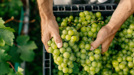 Obraz premium Overhead shot of freshly harvested grapes in a vineyard, ready for pressing 