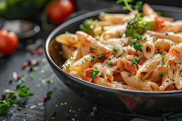 Delicious penne pasta with fresh herbs and tomatoes in a black bowl, served on a dark surface for a hearty meal. Vibrant and appetizing!