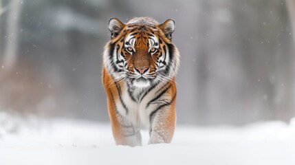 Obraz premium Powerful Tiger Walking Through Snow in Wintery Forest Landscape