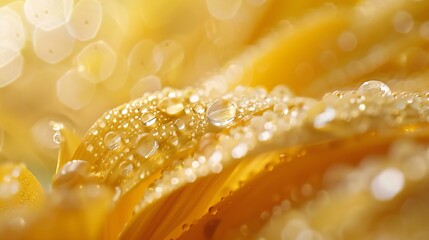 Close-up of sunflower petals, morning dew clinging delicately, soft morning light, refreshing and delicate, natural serenity.