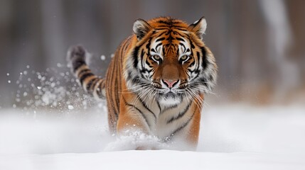 Powerful Tiger Running Through Snowy Forest in Winter