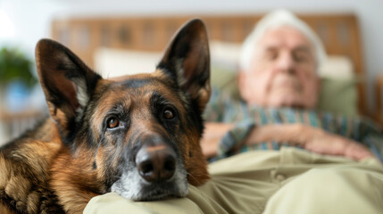service dog with an elderly person, isolated on a soft background, demonstrating companionship and assistance 