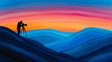 ''silhouette of a photographer capturing a stunning sunset, bold colors, artistic brushstroke style'' 
