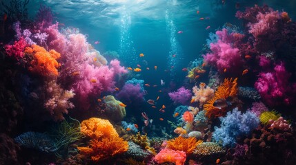 Vibrant Coral Reef with Diverse Marine Life Under Sunlit Ocean Waters