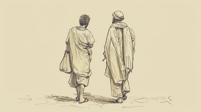 Illustration of Two Sons Parable: Son Repenting and Working in Vineyard, Beige Background, Biblical Depiction
