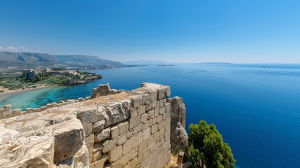 ''view from the top of the Acropolis of Rhodes, panoramic landscape of the island, clear blue sky, ancient ruins'' 