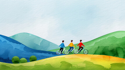 watercolor illustration of friends riding bicycles together, with a vibrant and scenic background, celebrating the joy of Friendship Day 