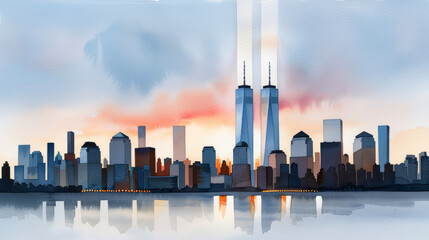 watercolor painting of a city skyline with two beams of light reaching into the sky, symbolizing the Twin Towers on Patriot Day 
