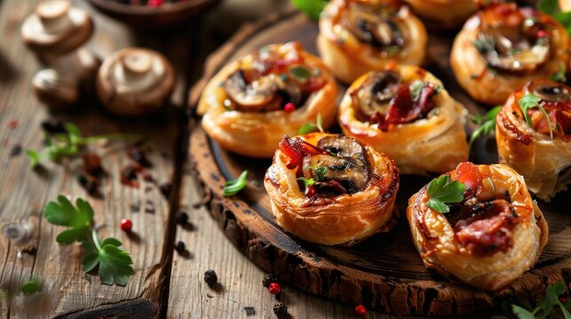 Italian starters Puff pastry pizza rolls stuffed with prosciutto bacon mushrooms and cheese on holiday table Blank space for text
