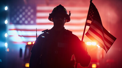 watercolor scene of a firefighter holding an American flag, standing in front of a backdrop of stars and stripes, honoring Patriot Day 