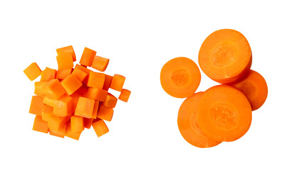 Top view set of orange carrot in circle and cube shape in stack isolated with clipping path in png...