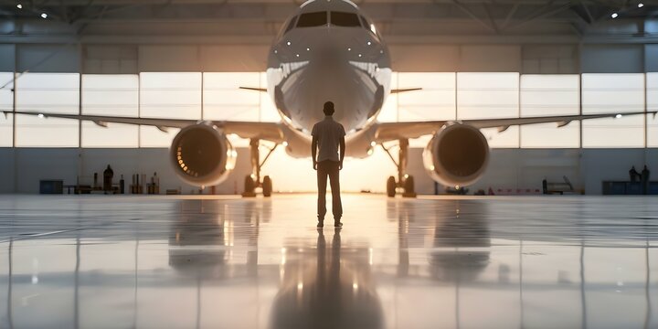 Aircraft maintenance engineer inspecting widebody aircraft in hangar. Concept Aircraft Maintenance, Widebody Aircraft, Hangar Inspection, Aviation Engineering, Safety Procedures