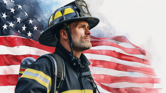 watercolor scene of a firefighter holding an American flag, standing in front of a backdrop of stars and stripes, honoring Patriot Day 