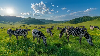 Naklejka premium Zebras Grazing on Green Grass in the Serengeti National Park, Tanzania with a Clear Blue Sky and Rolling Hills