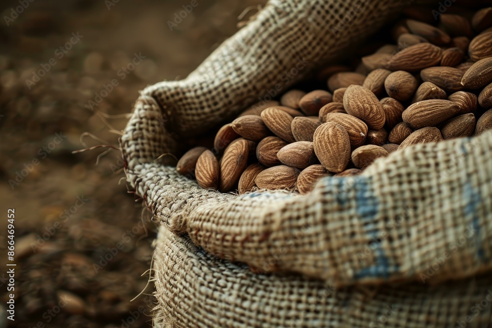 Poster closeup of almonds in a burlap bag with a rustic background