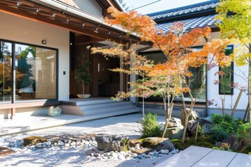 Obraz premium A modern Japanese home with a serene stone garden and a colorful autumn tree