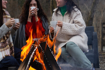 Women Enjoying Hot Drinks by a Bonfire in the Woods