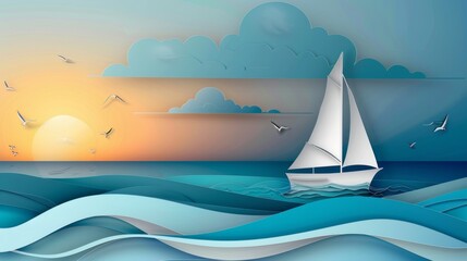 Fototapeta premium A serene papercut scene of a sailboat gliding across a calm ocean. The sails are billowing gently in the wind, and seagulls soar overhead, creating a sense of peace and tranquility.