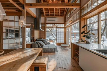 A contemporary Japanese kitchen with wood beams and large windows overlooking a snowy garden