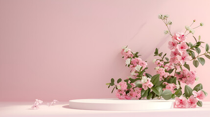 Unadorned pink background embellished with flower adorned empty stands Cosmetic or beauty promotions, 3d render, pink podium with cherry blossom, minimal design, Cherry blossom branch on pastel pink
