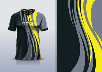 Sport jersey template mockup curve design for football soccer, racing, running, e sports, black gray yellow white color