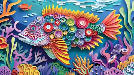 A colorful papercut of a tropical fish swimming amidst coral reefs. The fish is adorned with intricate patterns and vibrant hues, showcasing the incredible diversity and beauty of marine life.