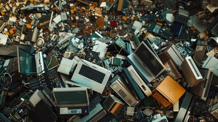 Waste full of electronics, recycling, E-waste heap from discarded laptop parts, electronics industry