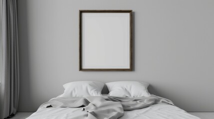 illustration of stylish modern white bedroom with cozy bed and empty frame on wall
