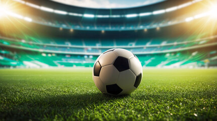 Football game soccer ball at football court pitch in a large stadium, illustration poster
