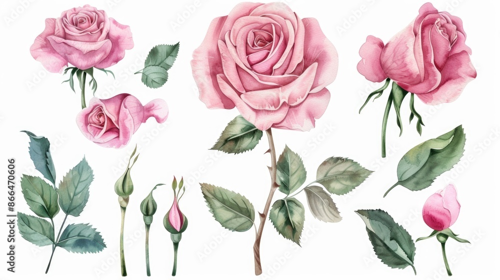 Sticker Watercolor floral illustration set. DIY blush pink rose flower, individual elements collection - for bouquets.