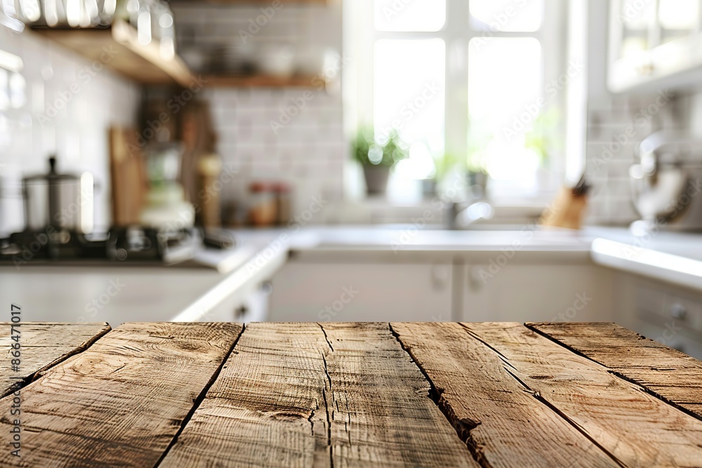 Wall mural grunge natural wooden table top with copy space for product advertising over blurred kitchen backgro