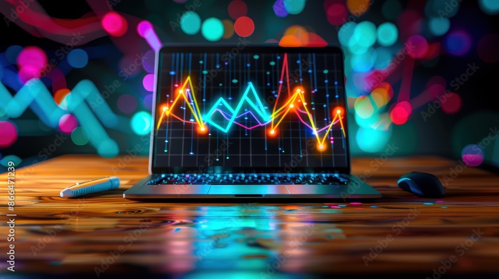 Poster colorful data analytics graph displayed on a laptop screen with vibrant background, representing bus