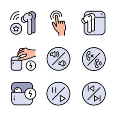 Wireless earbud color icons set. Vector flat icon for web design isolated on white background.