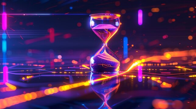 Illuminated Futuristic Sand Clock with Vibrant Neon Trails in Dark Space.