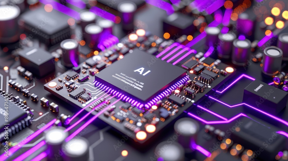 Poster close-up of an ai microchip on a circuit board with glowing purple lines, illustrating modern techno