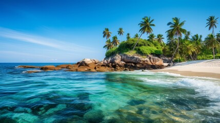 Fototapeta premium Tranquil seascape azure ocean, foamy waves, lone island embraced by vibrant palm trees