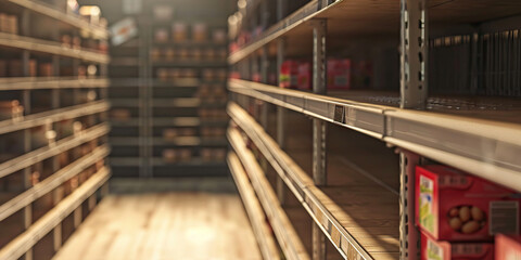 Food Insecurity: Empty shelves in a food pantry, highlighting the issue of food scarcity