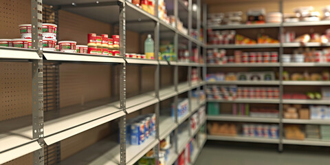 Food Insecurity: Empty shelves in a food pantry, highlighting the issue of food scarcity